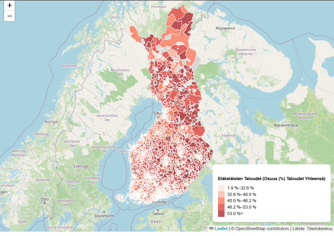 Suomen kartta, joka visualisoi eläkeläistalouksien osuutta postinumeroalueittain.