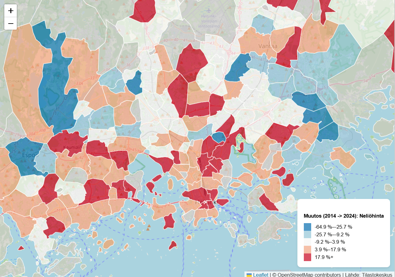 Helsingin seudun kartta, joka näyttää asuntojen neliöhintojen muutoksen 2014-2024.