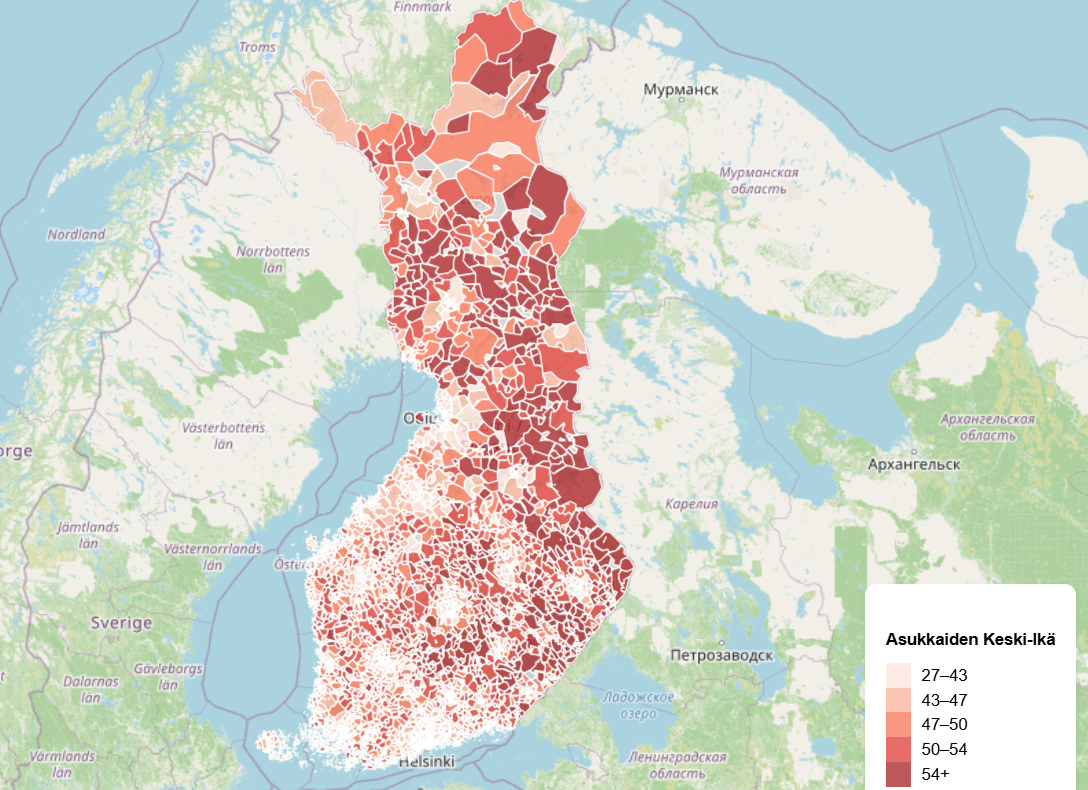 Suomen kartta, joka visualisoi asukkaiden keski-ikää postinumeroalueittain.