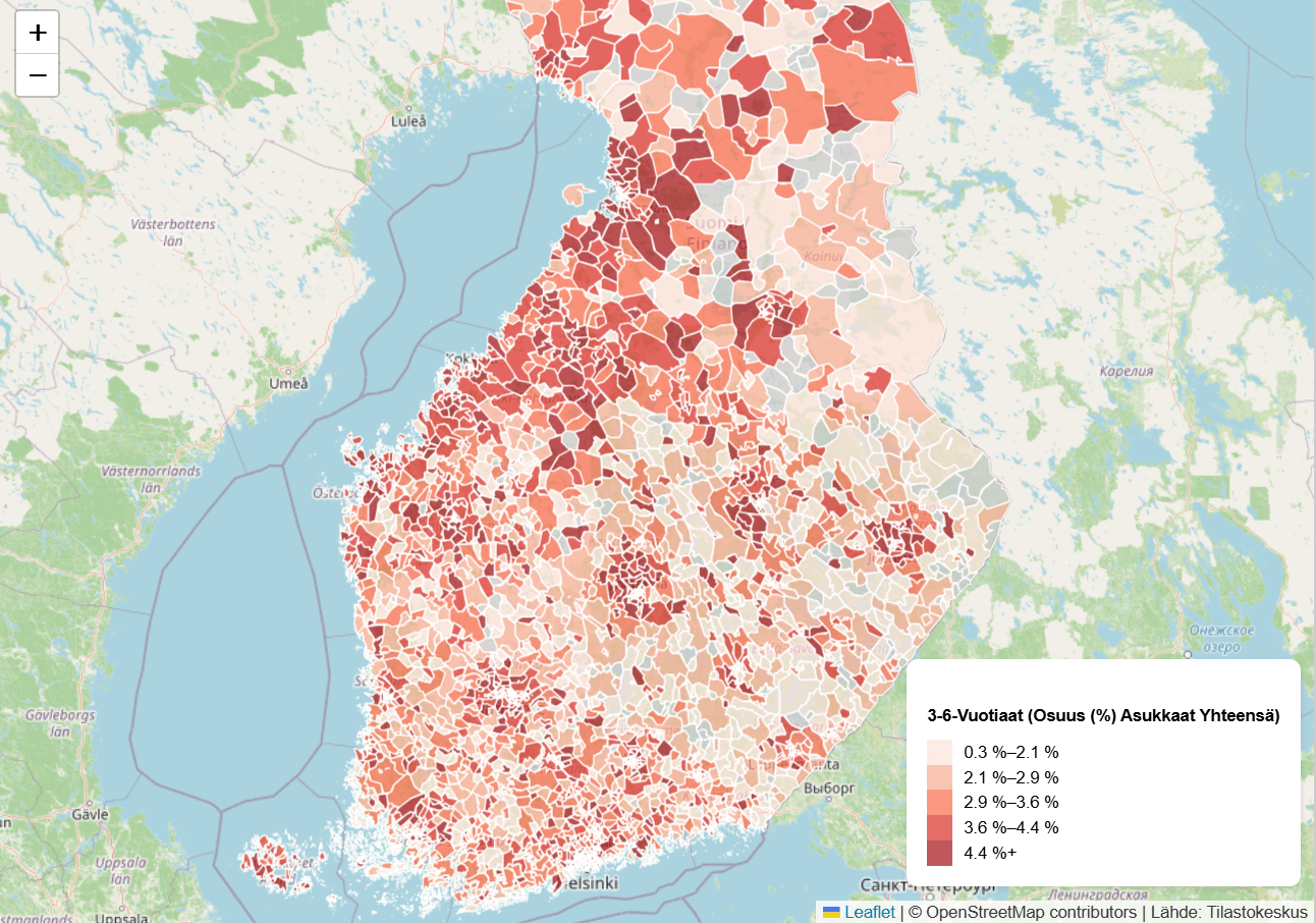 Suomen kartta, joka visualisoi 3-6-vuotiaiden lasten osuutta postinumeroalueittain.