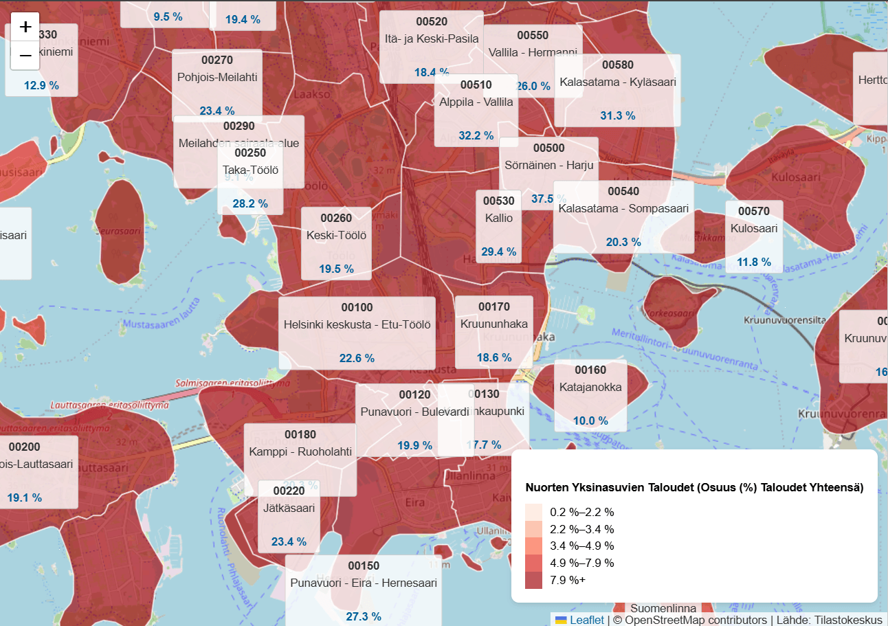 Helsingin kartta, joka visualisoi nuorten yksinasuvien talouksien osuutta.