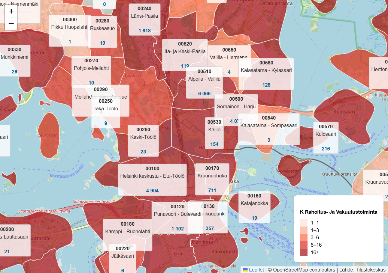 Helsingin kartta, joka visualisoi rahoitus- ja vakuutusalan työpaikkojen keskittymiä.